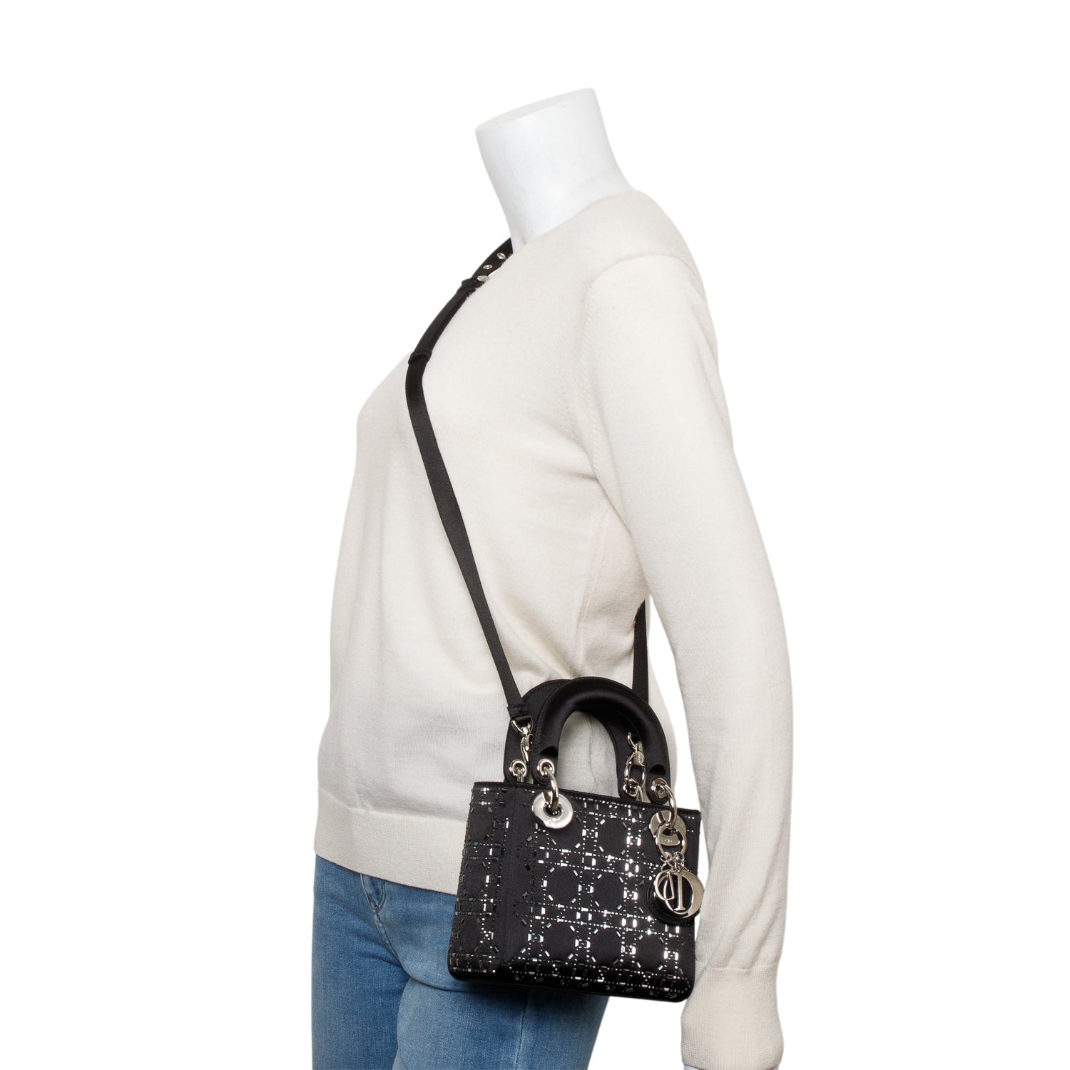 Dior Christian Strass Cannage Lady Bag Satin Black Travel Bag