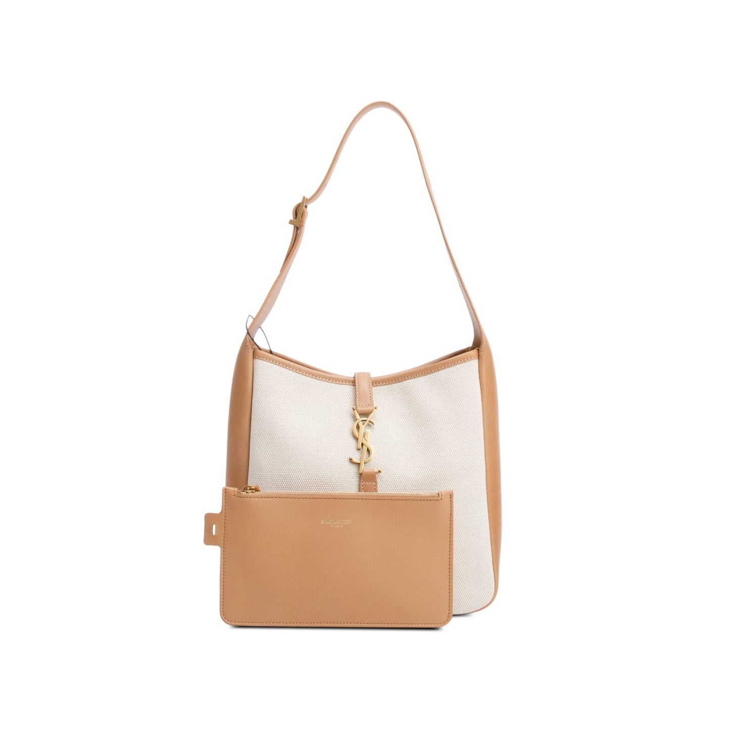 YSL Saint Laurent Smooth Calfskin & Natural Small Le Hobo Leather Canvas Shoulder Bag