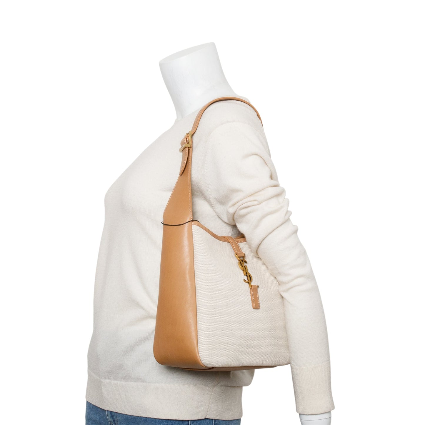 YSL Saint Laurent Smooth Calfskin & Natural Small Le Hobo Leather Canvas Shoulder Bag