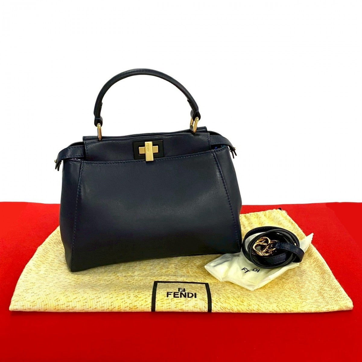 Fendi Shoulder Bag Peekaboo Women Leather Navy Mini