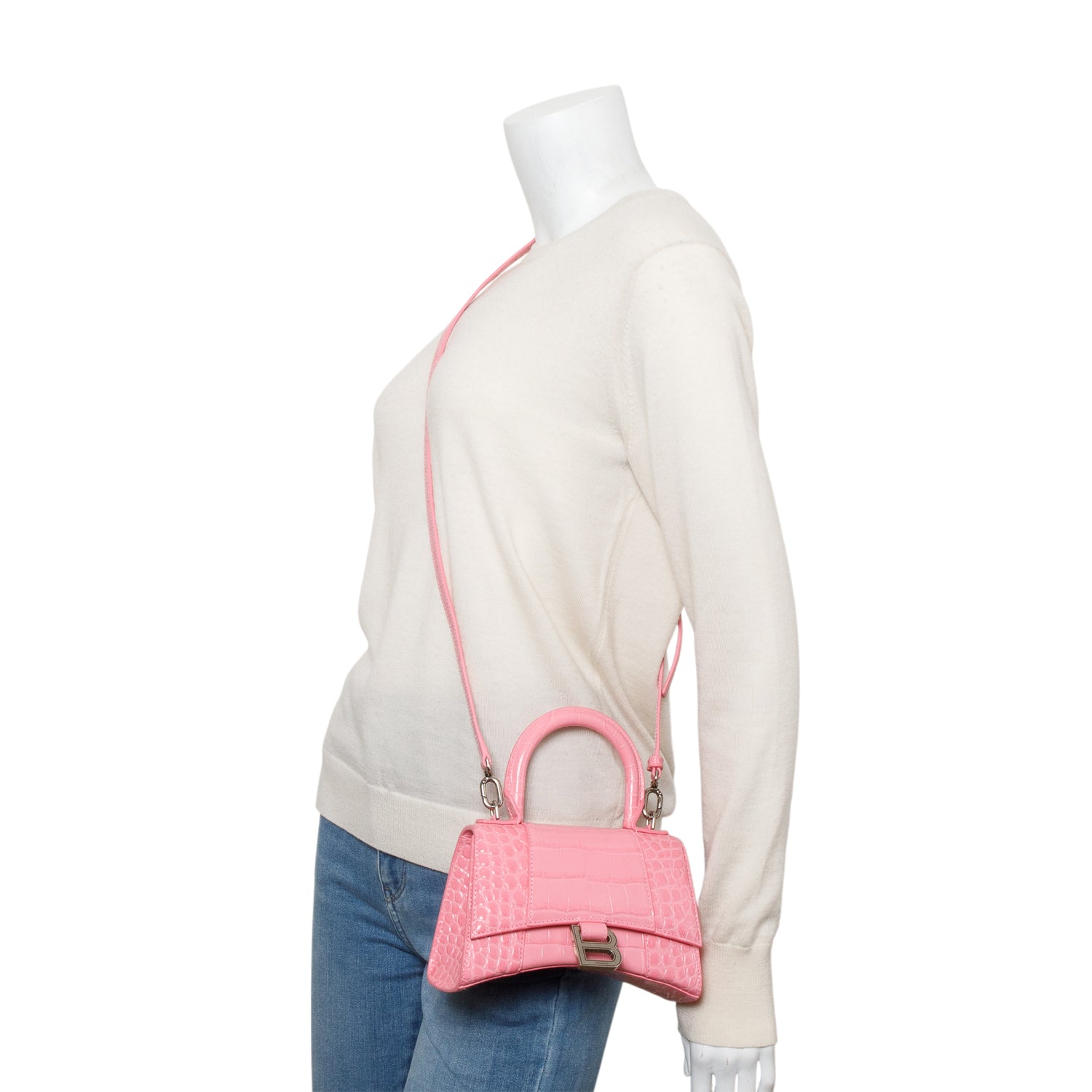 Balenciaga Croc Embossed Xs Hourglass Top Handle Bag Leather Pink Travel Bag