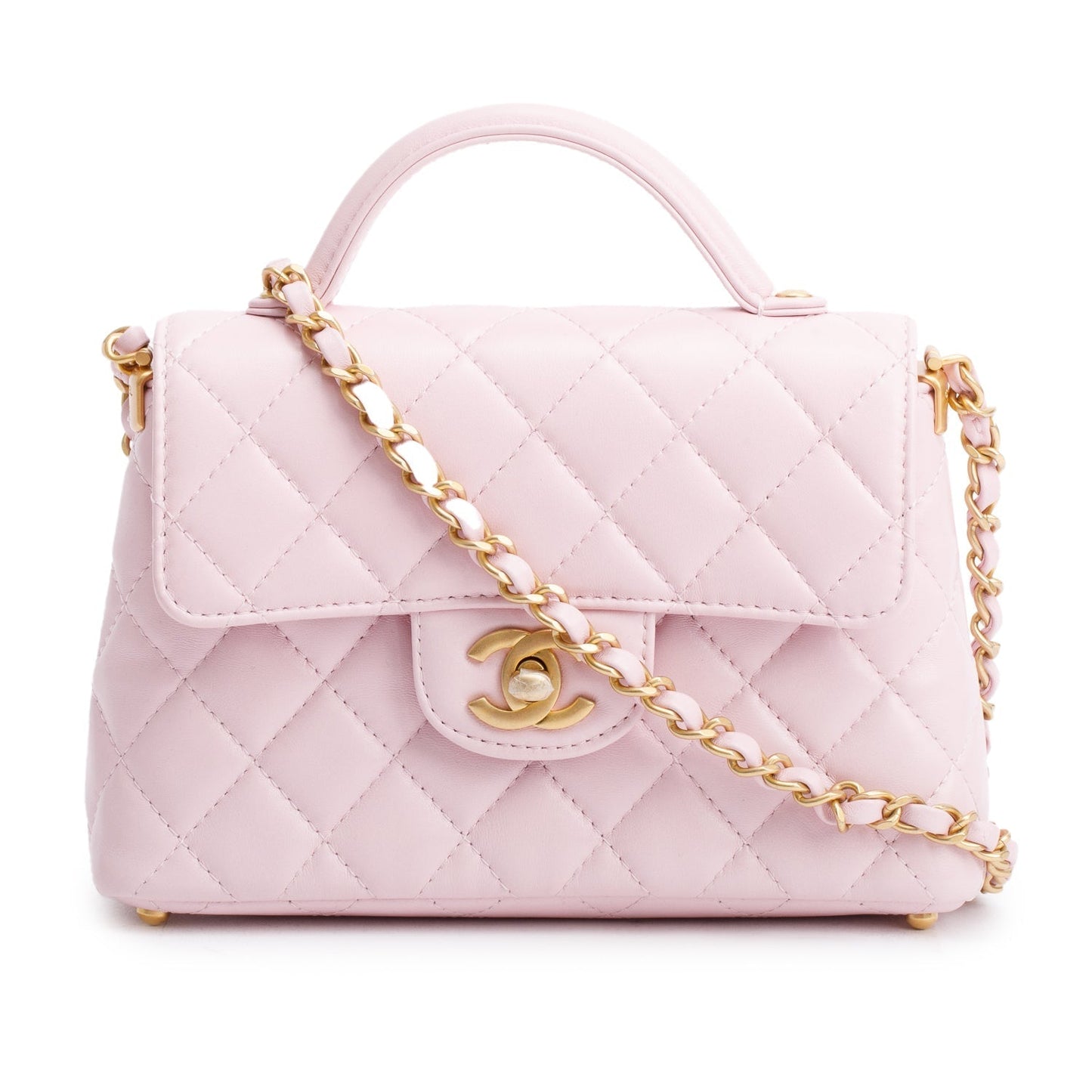 Chanel Quilted Top Handle Flap Leather Lambskin Pink Travel Bag