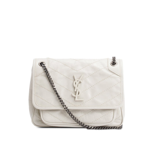 YSL Saint Laurent Ivory Crinkled Calfskin Baby Niki Satchel Leather Matelasse Travel Bag