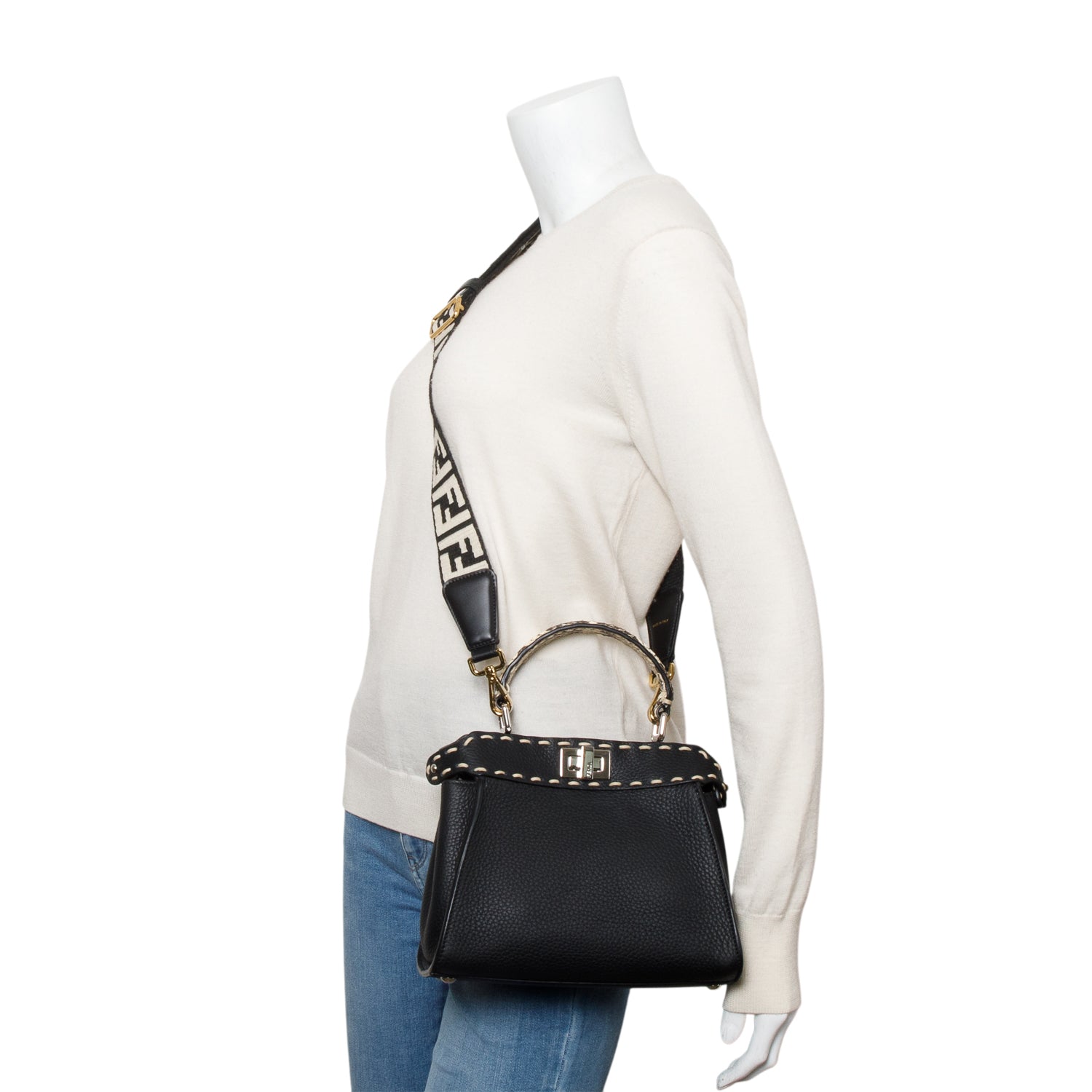Fendi Calfskin Python Trim Selleria Peekaboo Bag Leather Black Travel Bag