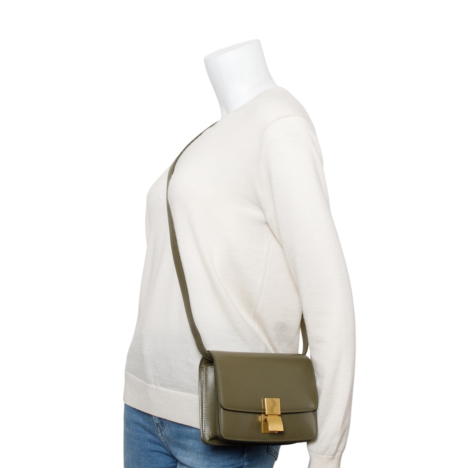 Celine Khaki Smooth Calfskin Classic Box Bag Small Flap Travel Bag