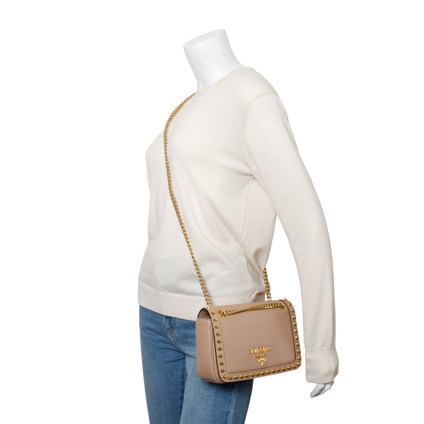 Prada Glace Calf Studded Camera Crossbody Bag Leather Beige