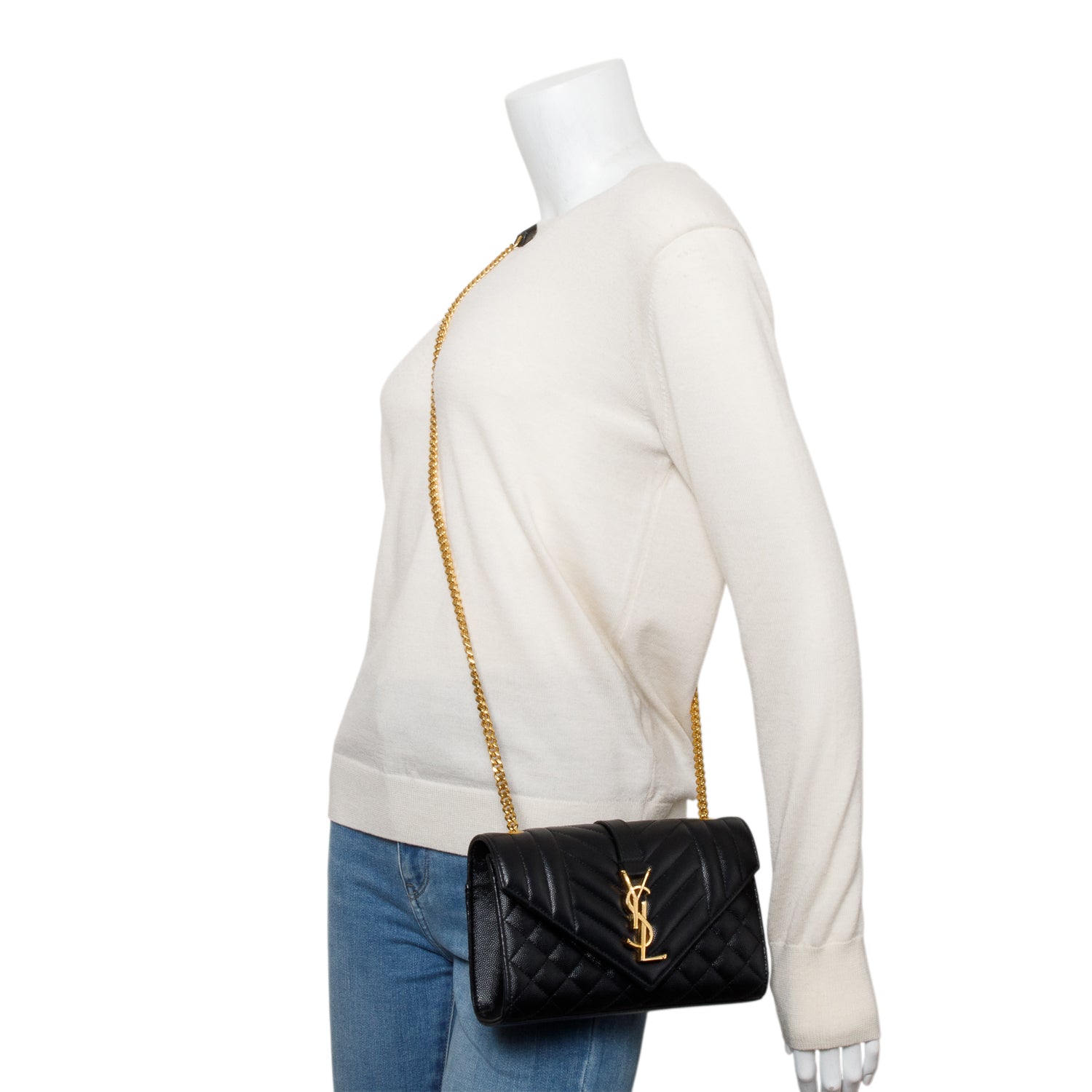 YSL Saint Laurent Grained De Poudre Envelope Crossbody Bag Black Small