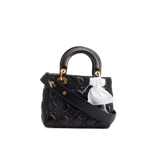 Dior Christian Cannage Crinkled Patent Lucky Badges Lady Leather Black Travel Bag