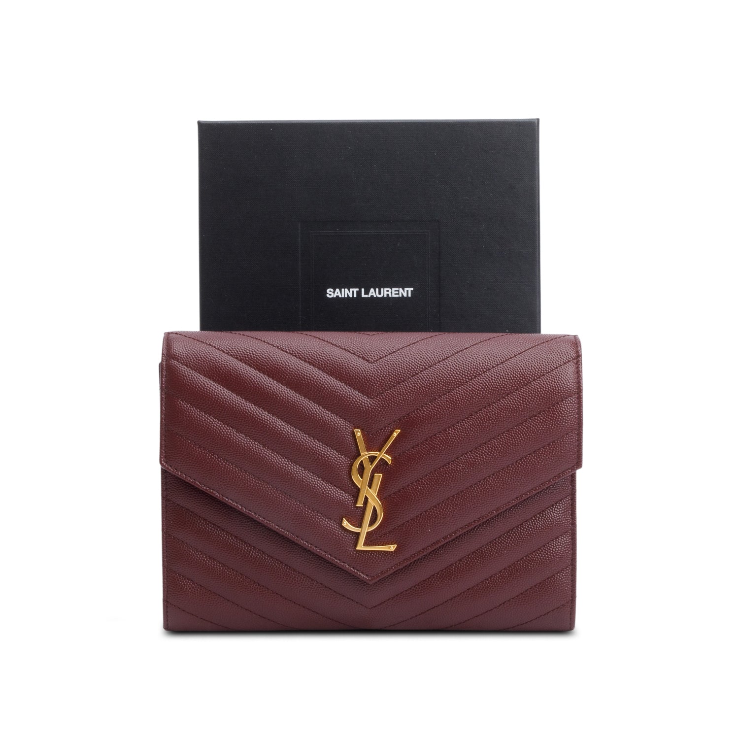 YSL Saint Laurent Burgundy Grain De Poudre Cassandre Wristlet Pouch Leather Matelasse Travel Bag