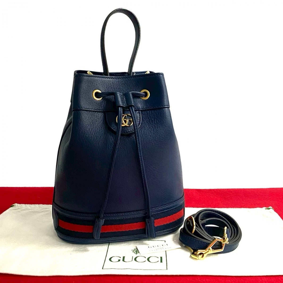 Gucci GG Off Deer Bucket Leather Navy Small Logo Shoulder Bag