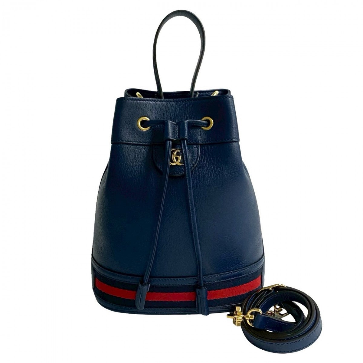 Gucci GG Off Deer Bucket Leather Navy Small Logo Shoulder Bag