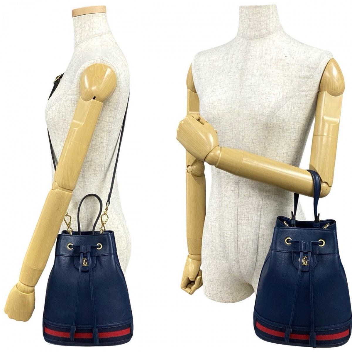 Gucci GG Off Deer Bucket Leather Navy Small Logo Shoulder Bag