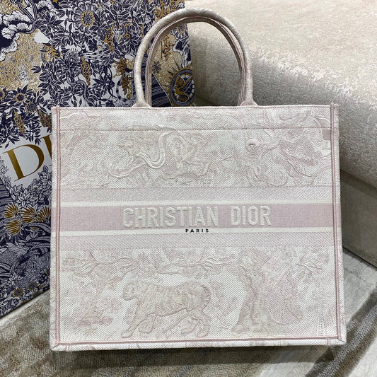 Book Toile De Jouy Embroidery Pink Large Book Tote Bag