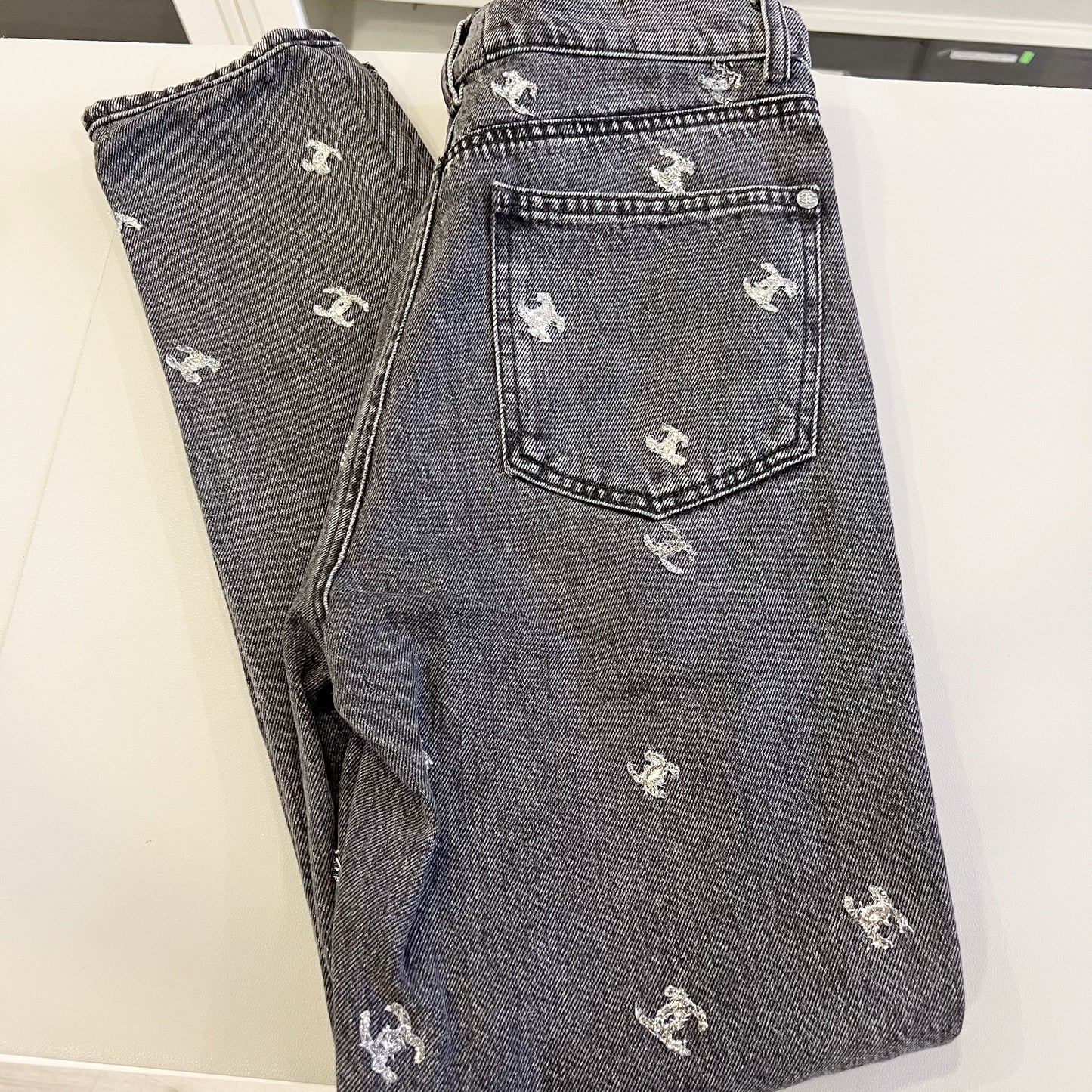 Chanel Black Denim Jeans with Silver Embroidered CC Logo Size 38 Apparel