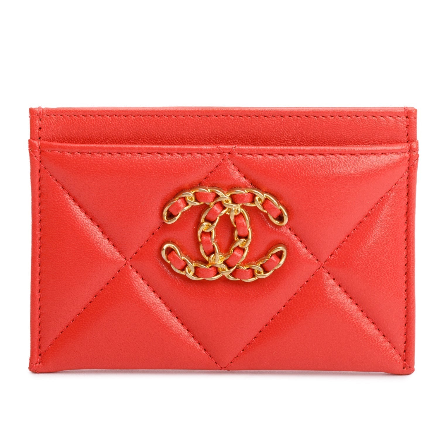 Chanel Coral Quilted 19 Card Holder Leather Lambskin Wallet Case