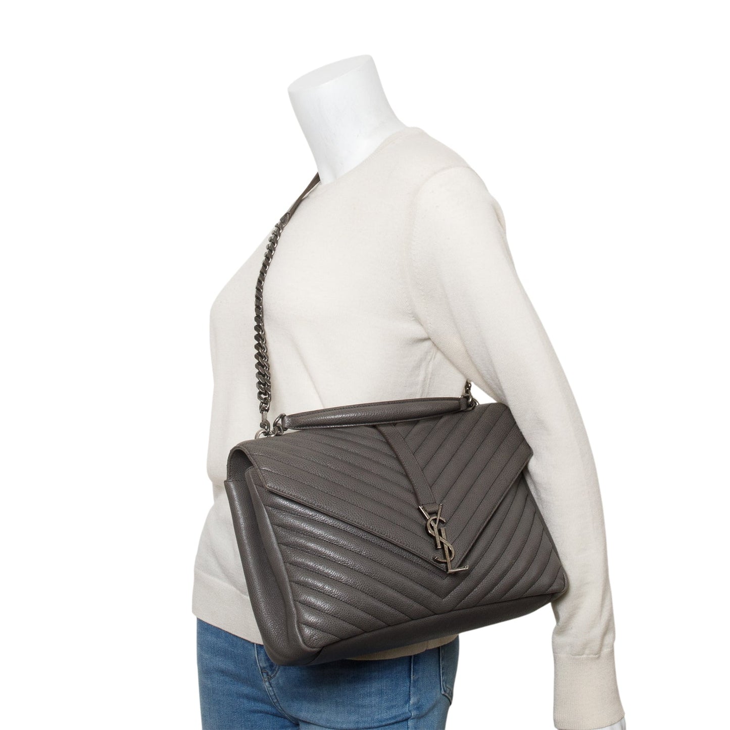 YSL Saint Laurent Grey Chevron College Bag Leather Large Travel Bag