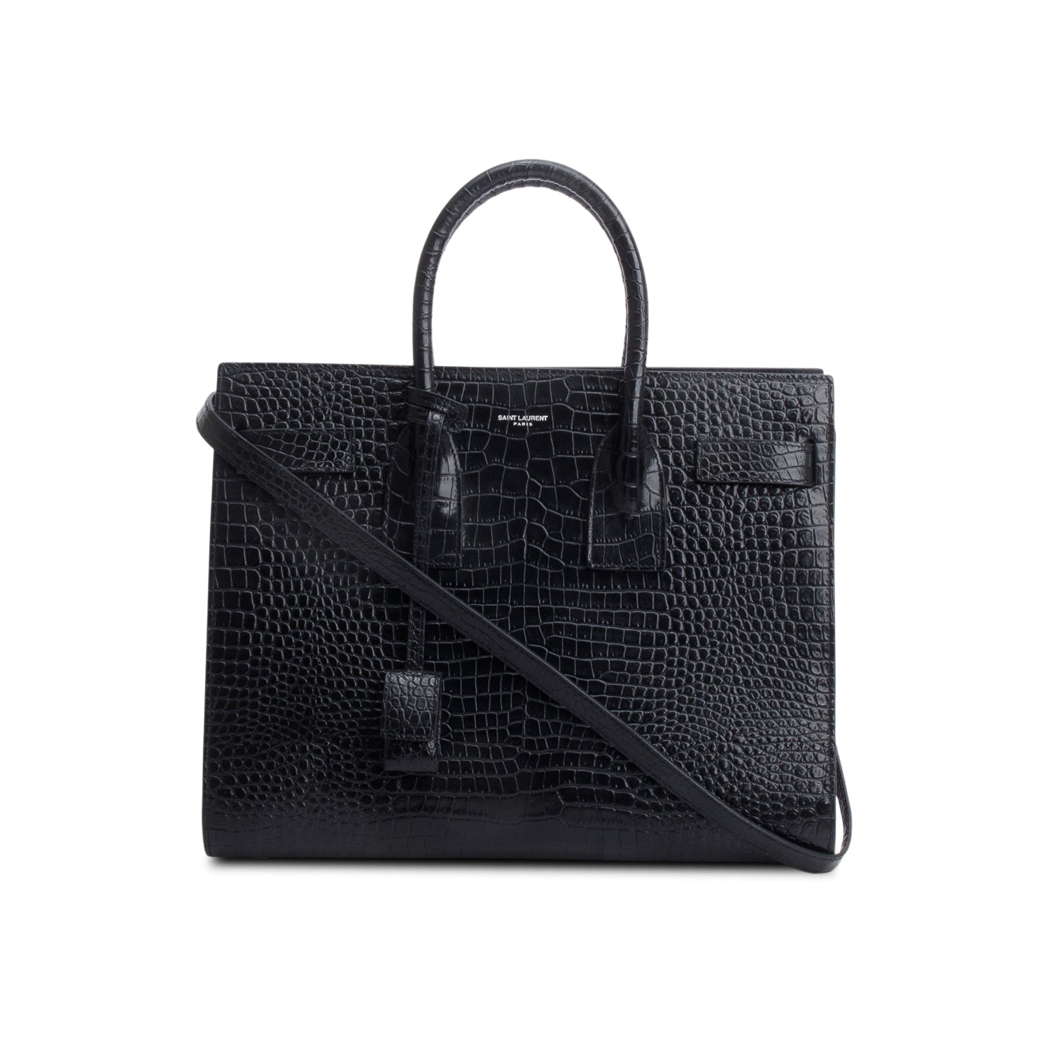 YSL Saint Laurent Crocodile Embossed Calfskin Sac De Jour Travel Leather Black Travel Bag