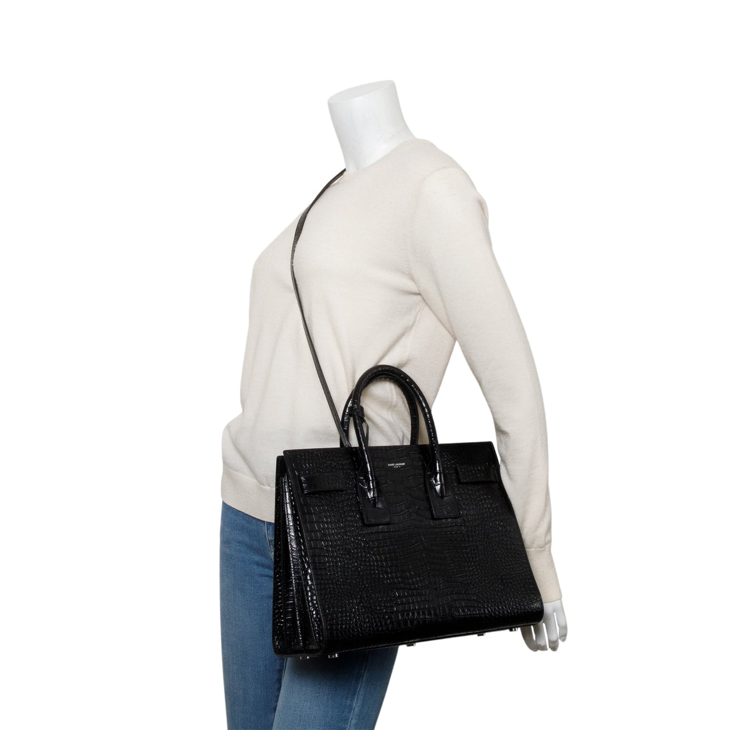 YSL Saint Laurent Crocodile Embossed Calfskin Sac De Jour Travel Leather Black Travel Bag