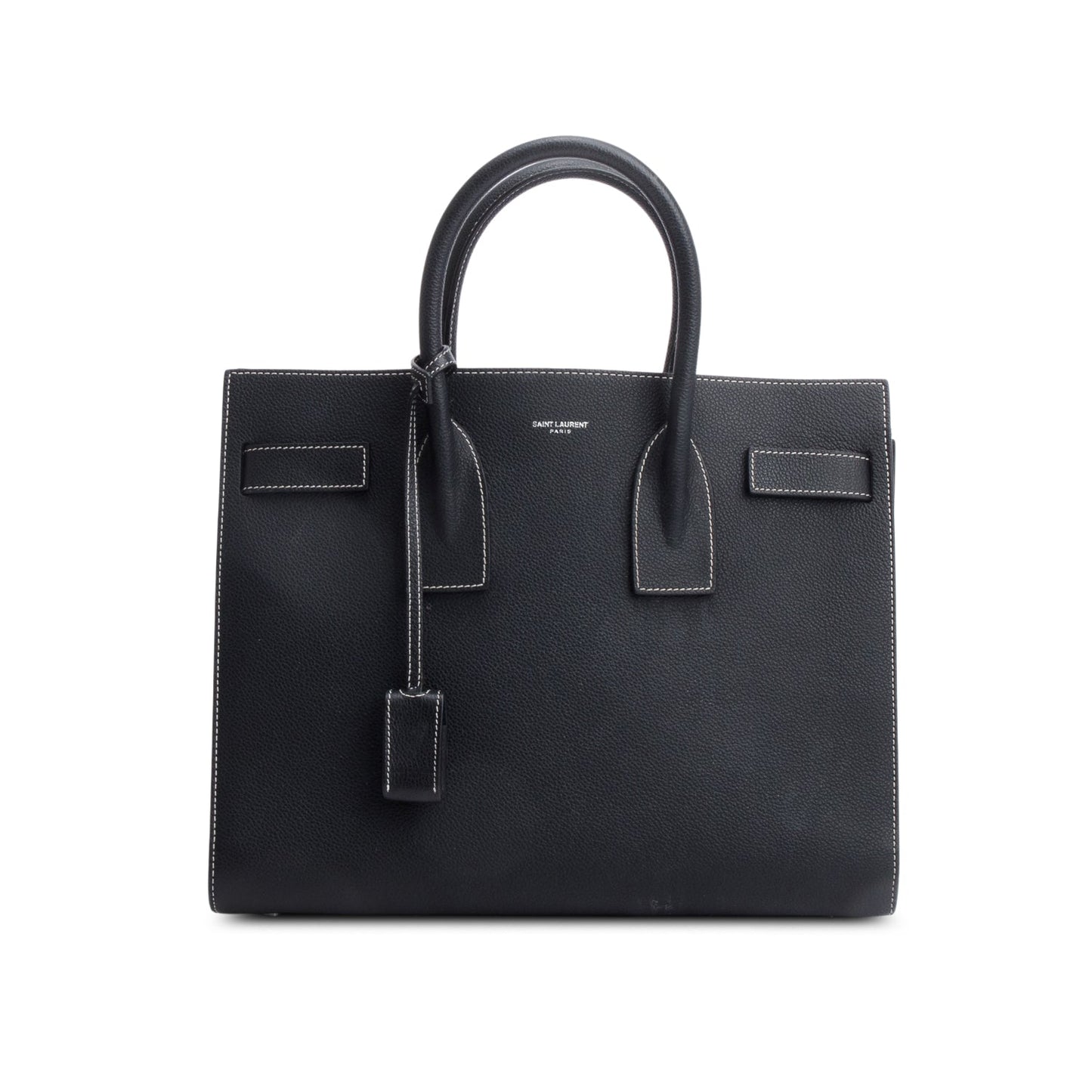 YSL Saint Laurent Grained De Poudre Calfskin Topstitch Sac De Leather Black Tote Bag