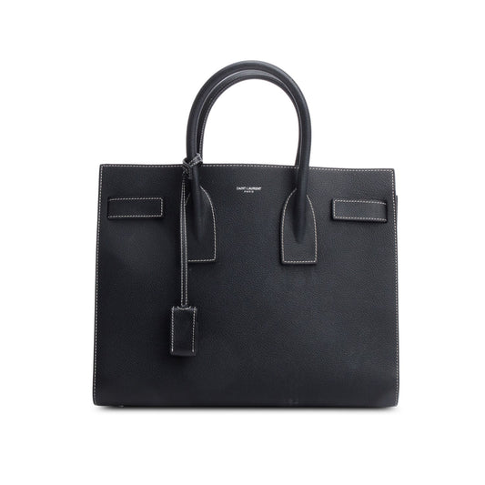 YSL Saint Laurent Grained De Poudre Calfskin Topstitch Sac De Leather Black Tote Bag