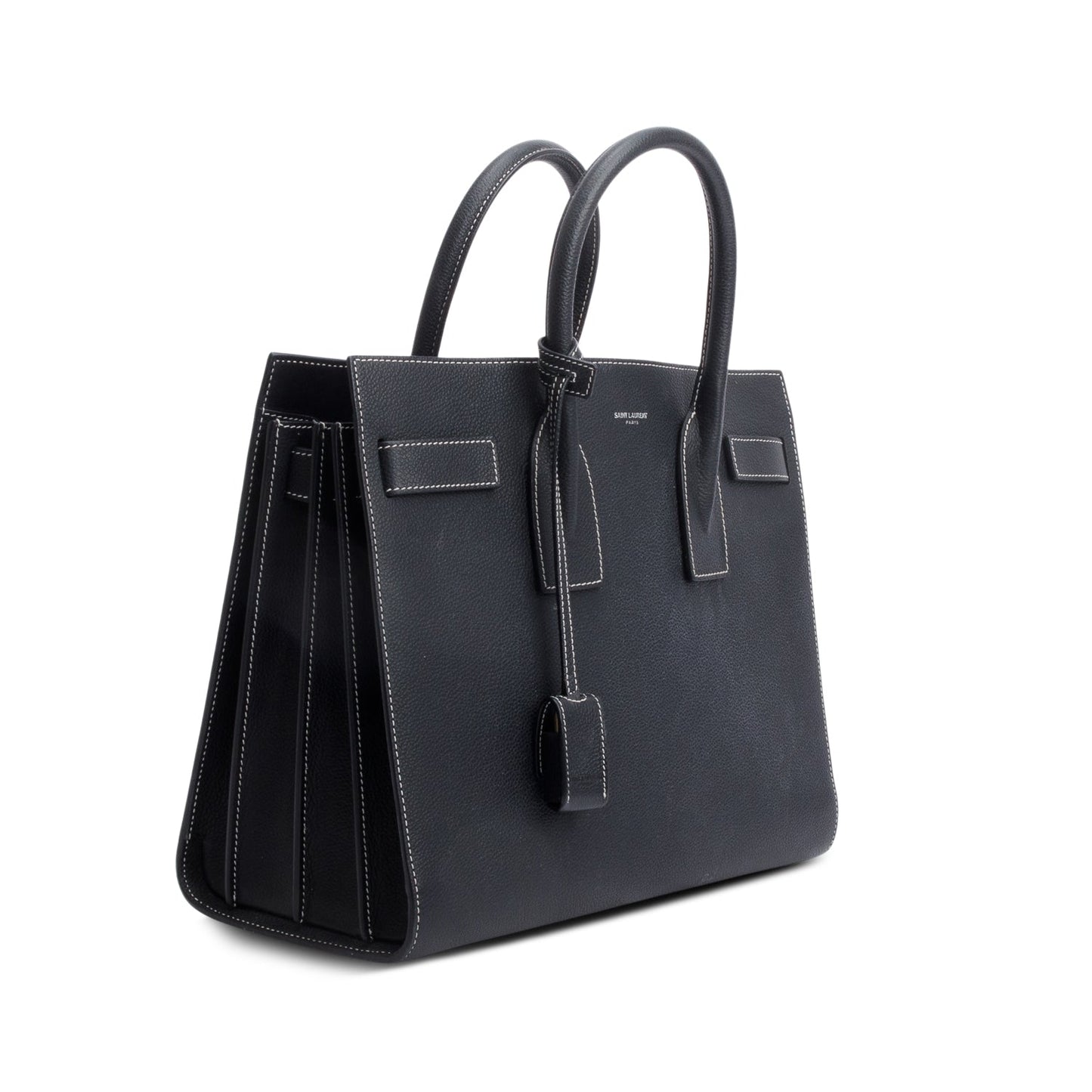 YSL Saint Laurent Grained De Poudre Calfskin Topstitch Sac De Leather Black Tote Bag