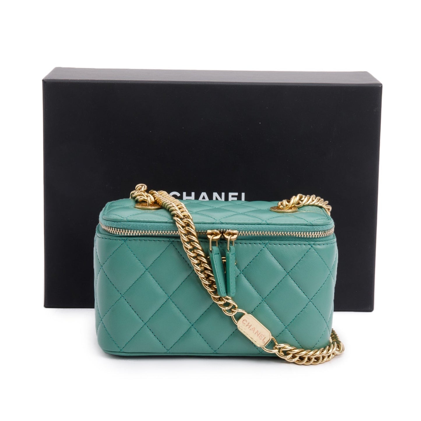 Chanel Quilted Vanity Leather Lambskin Green Travel Bag
