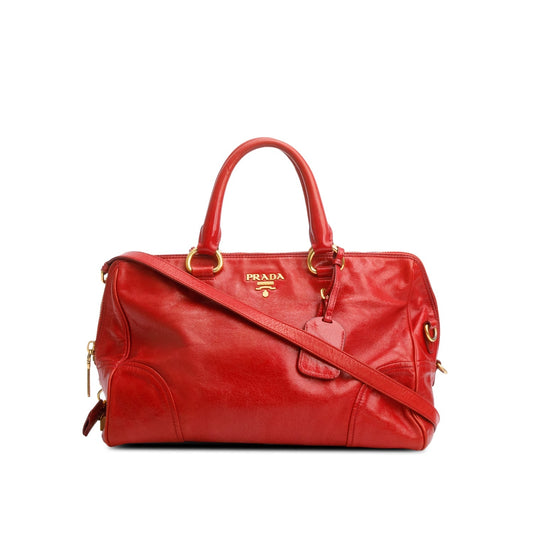 Prada Vitello Shine Bauletto Handbag Leather Red Travel Bag