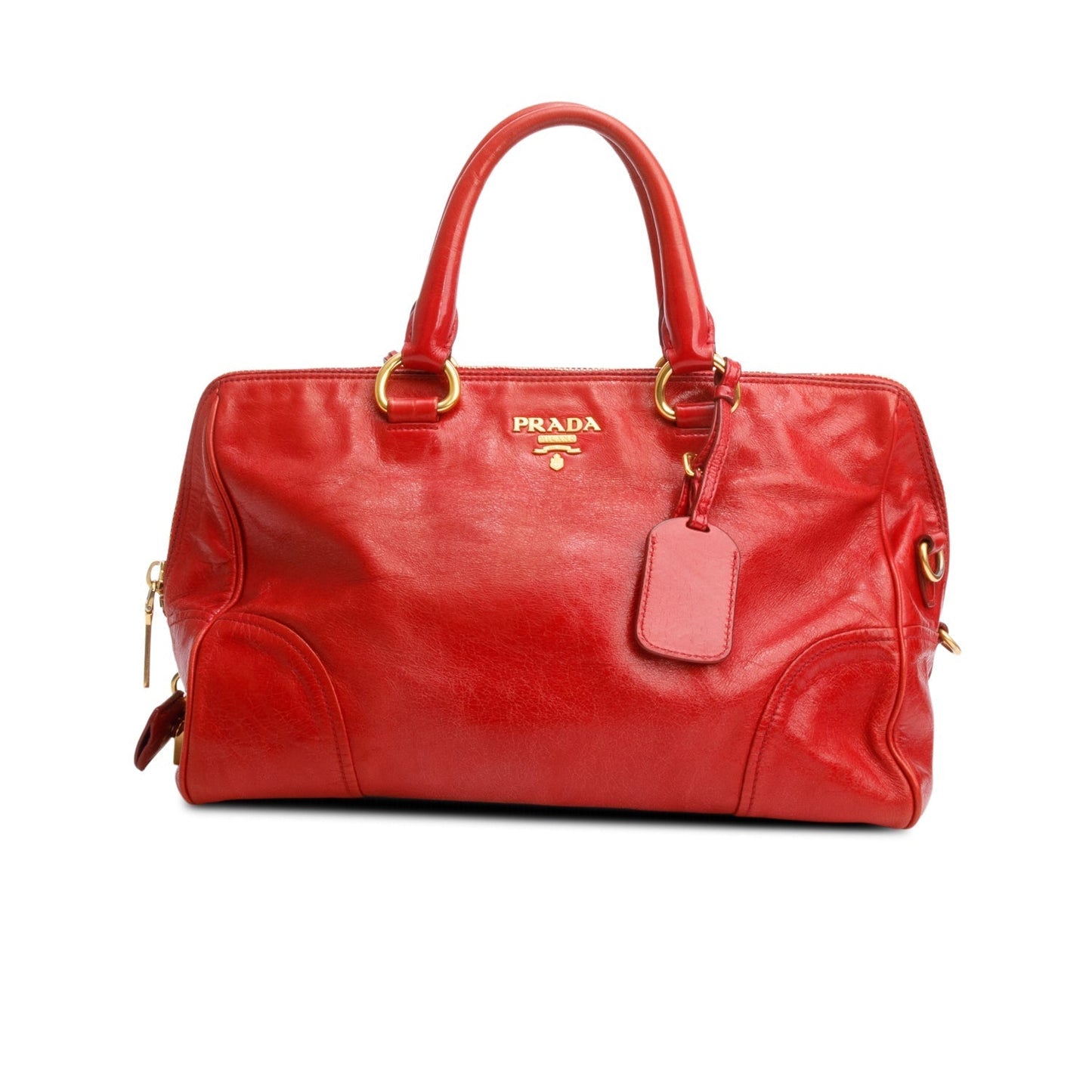 Prada Vitello Shine Bauletto Handbag Leather Red Travel Bag