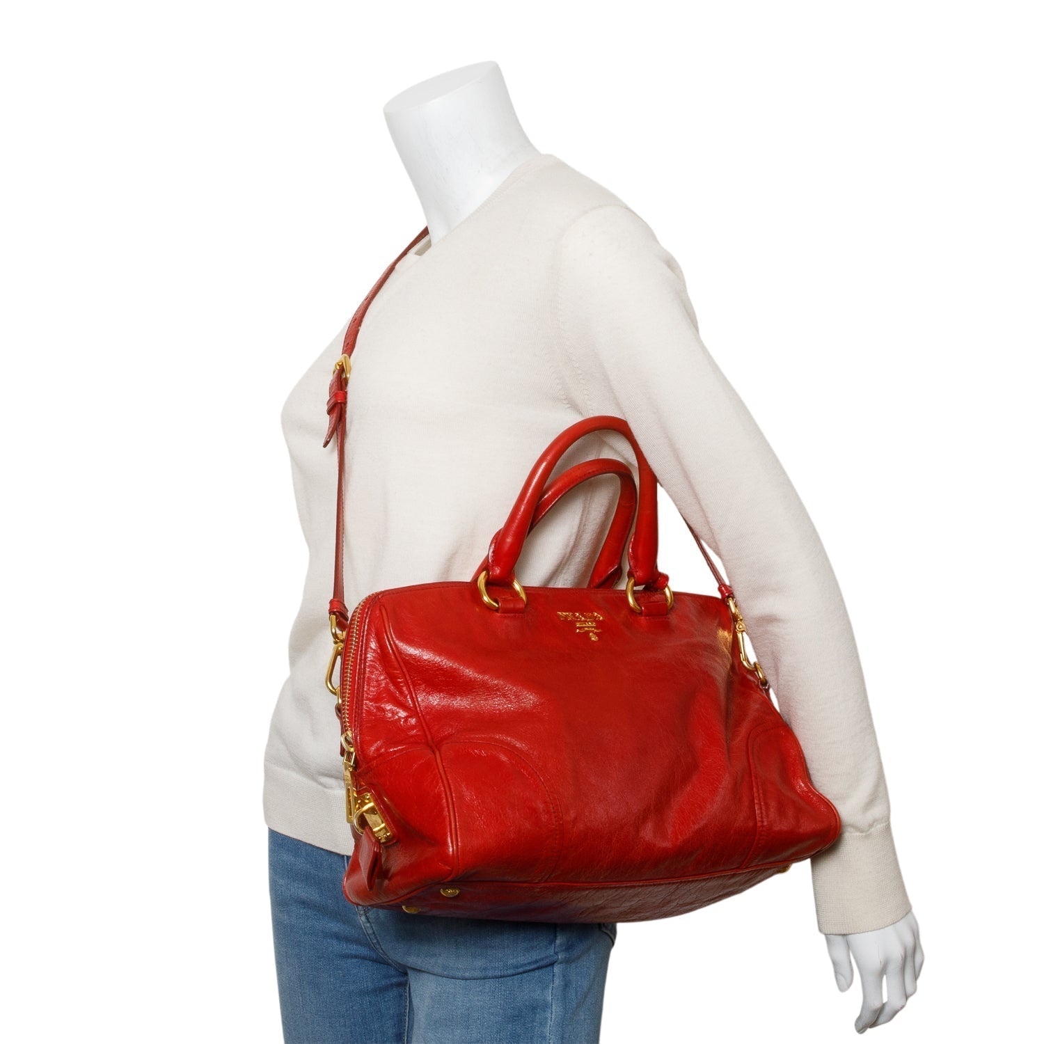 Prada Vitello Shine Bauletto Handbag Leather Red Travel Bag