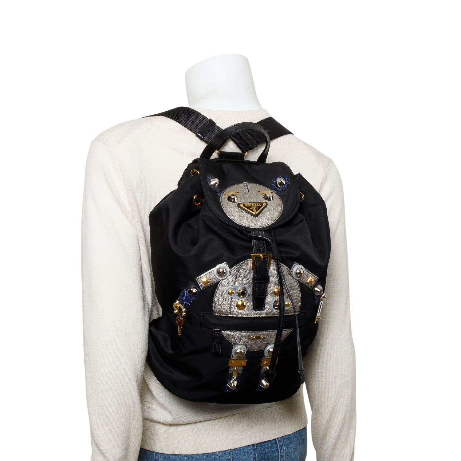 Prada Tessuto Grey Saffiano Trim Robot Backpack Handbag Leather Nylon