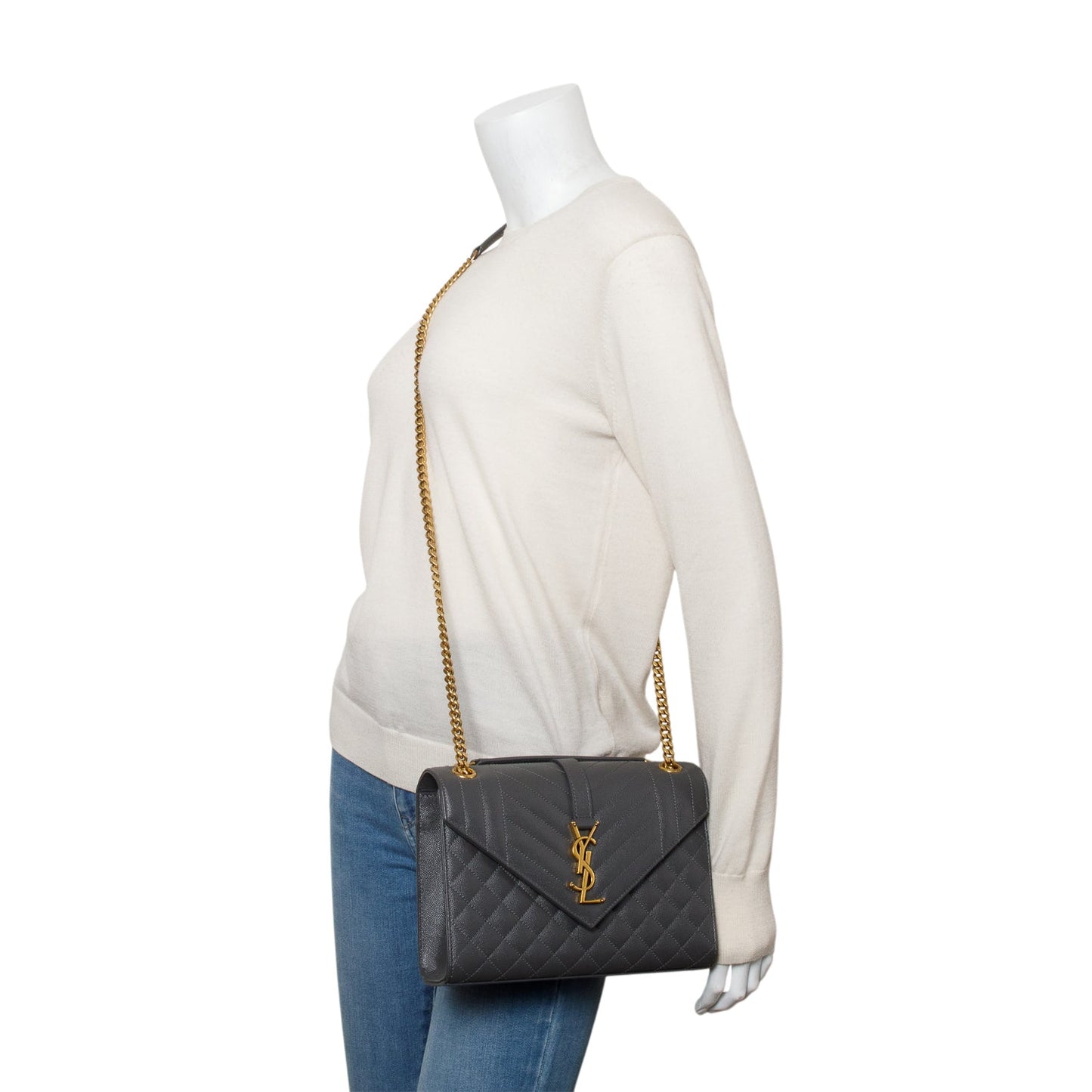 YSL Saint Laurent Grey Grained De Poudre Envelope Shoulder Bag Medium