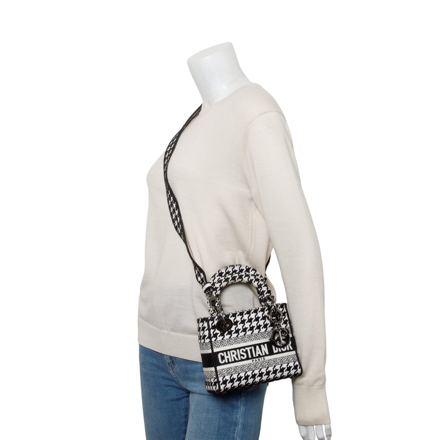 Dior Christian Houndstooth Mini Lady D Lite Bag Canvas Black Travel Bag