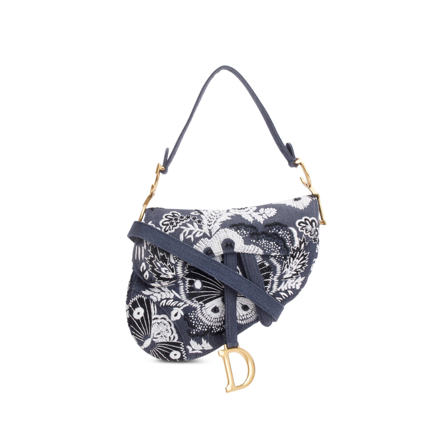 Dior Christian Embroidered Strass Beaded Butterfly & Flowers Denim Blue Travel Bag