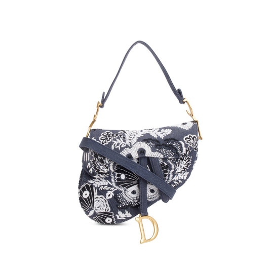 Dior Christian Embroidered Strass Beaded Butterfly & Flowers Denim Blue Travel Bag