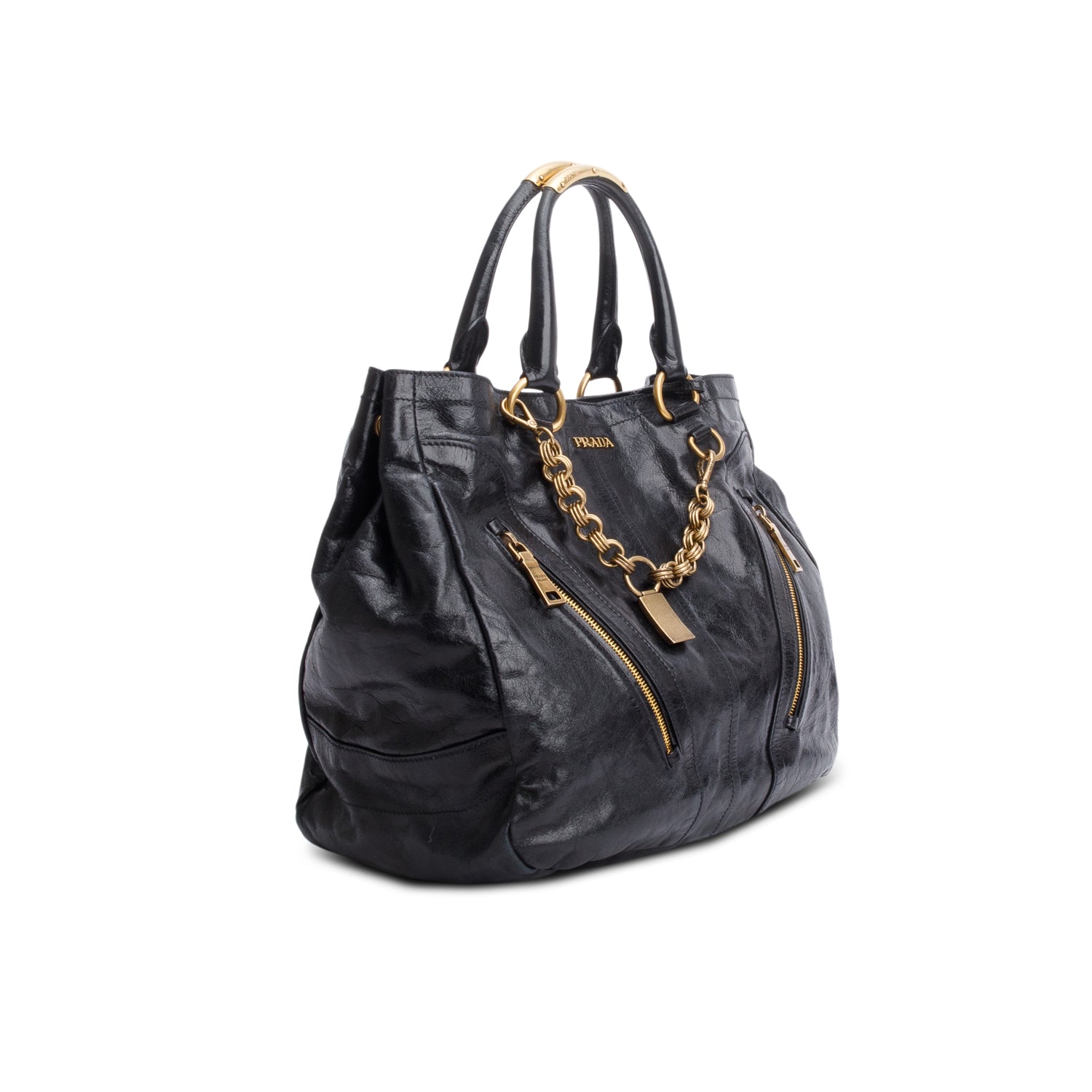 Prada Vitello Shine Hobo Handbag Black Chain Travel Bag