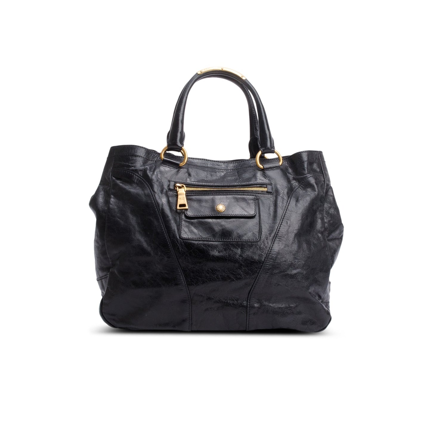 Prada Vitello Shine Hobo Handbag Black Chain Travel Bag