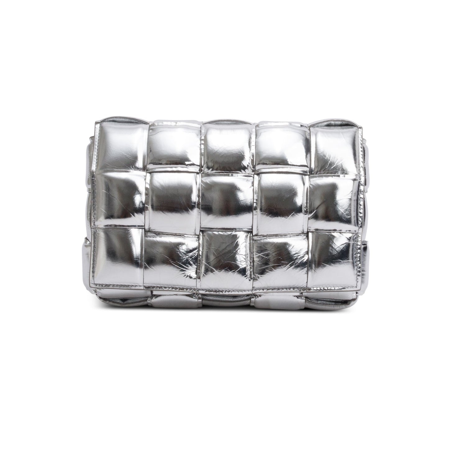 Bottega Veneta Metallic Nappa Intrecciato Padded Cassette Bag Silver Chain Travel Bag