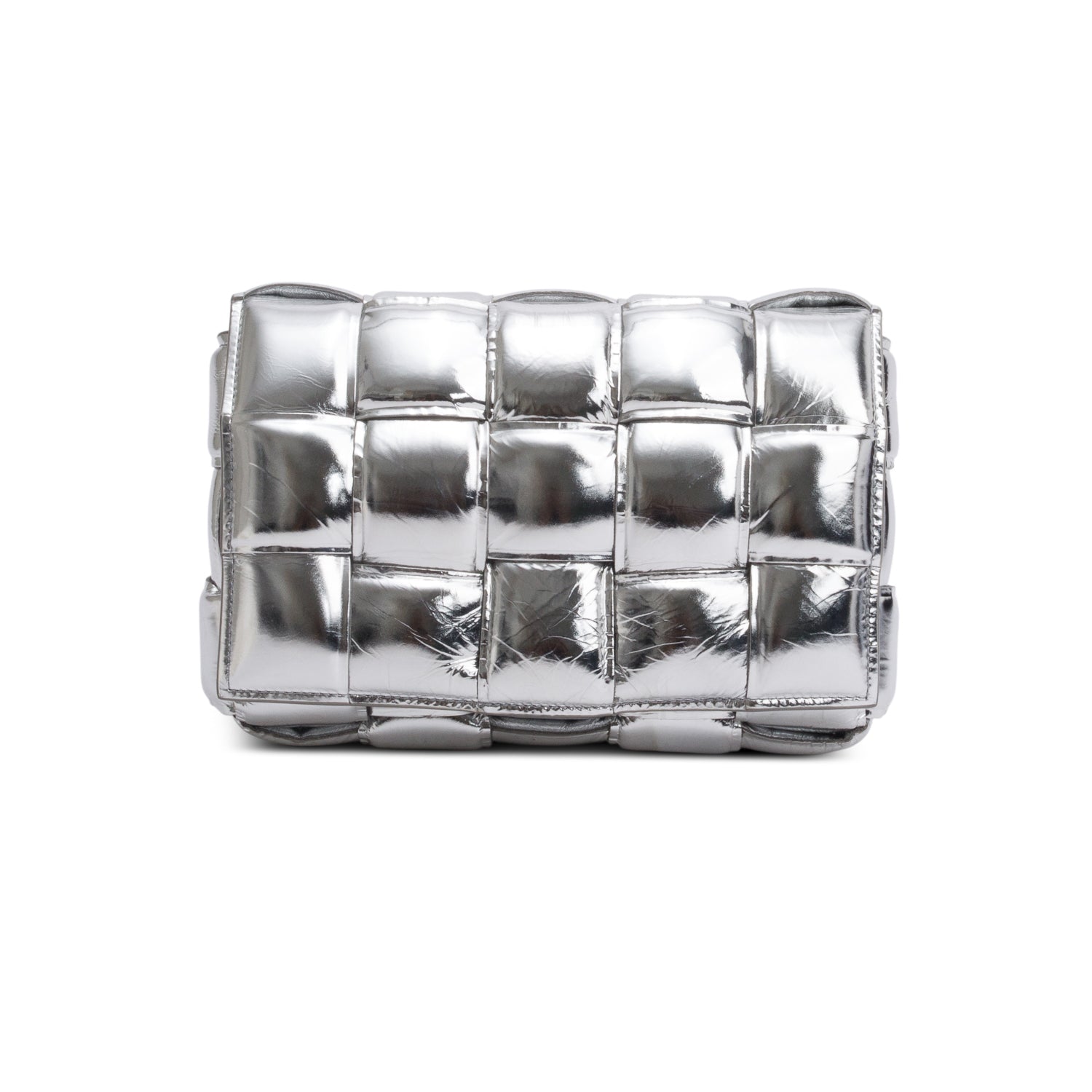 Bottega Veneta Metallic Nappa Intrecciato Padded Cassette Bag Silver Chain Travel Bag