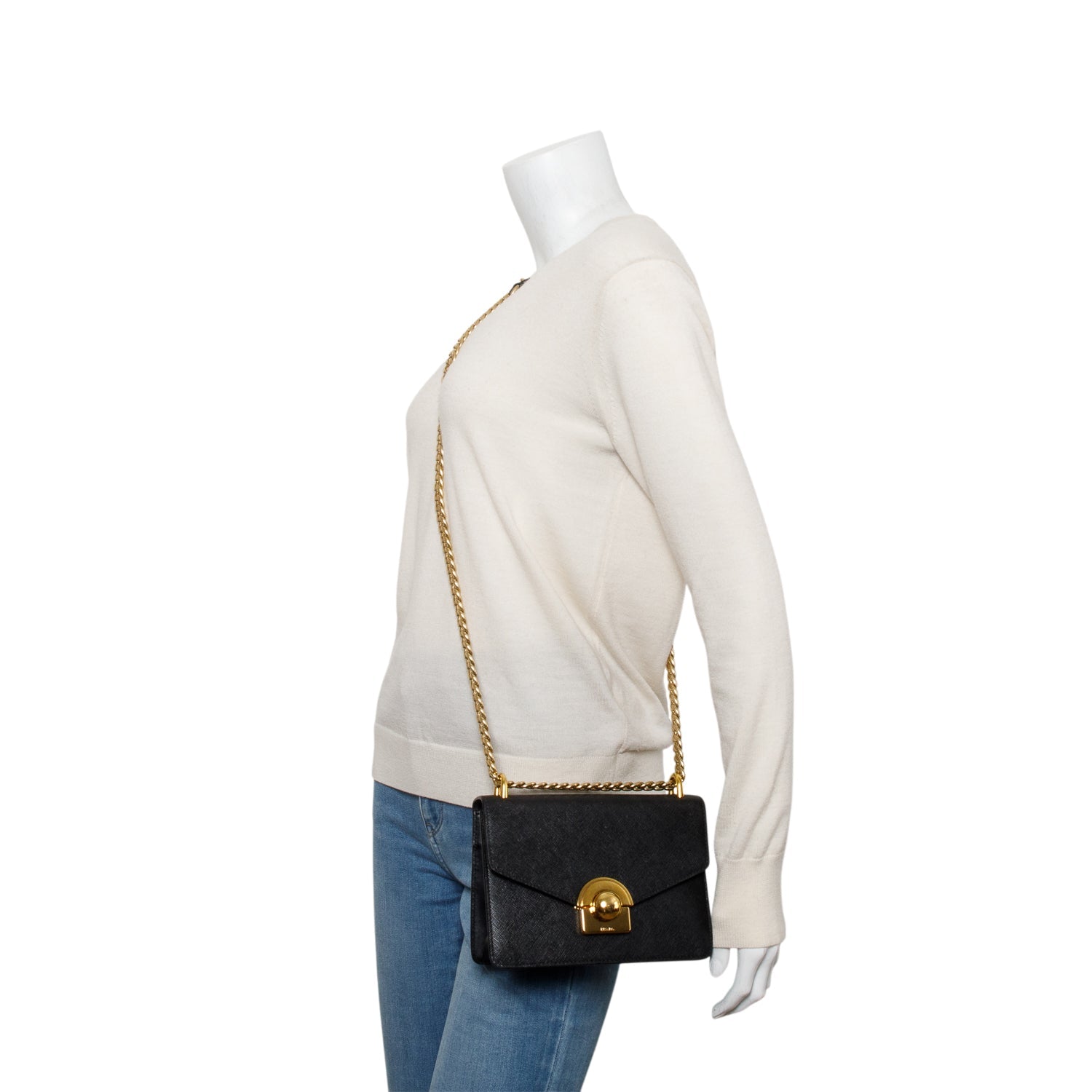Prada Saffiano Soft Calf Arcade Shoulder Bag Leather Black