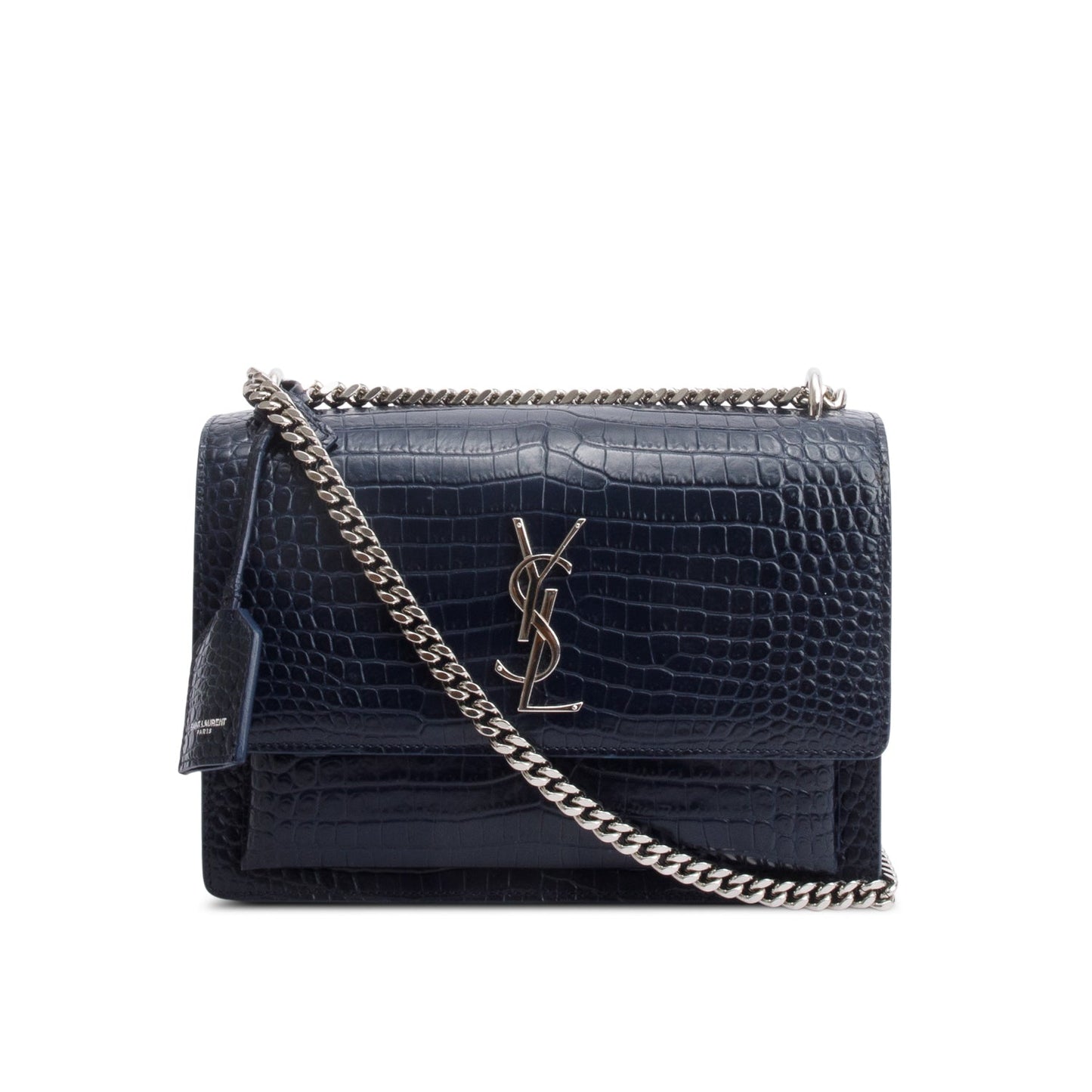 YSL Saint Laurent Navy Croc Embossed Sunset Bag Leather Medium Travel Bag