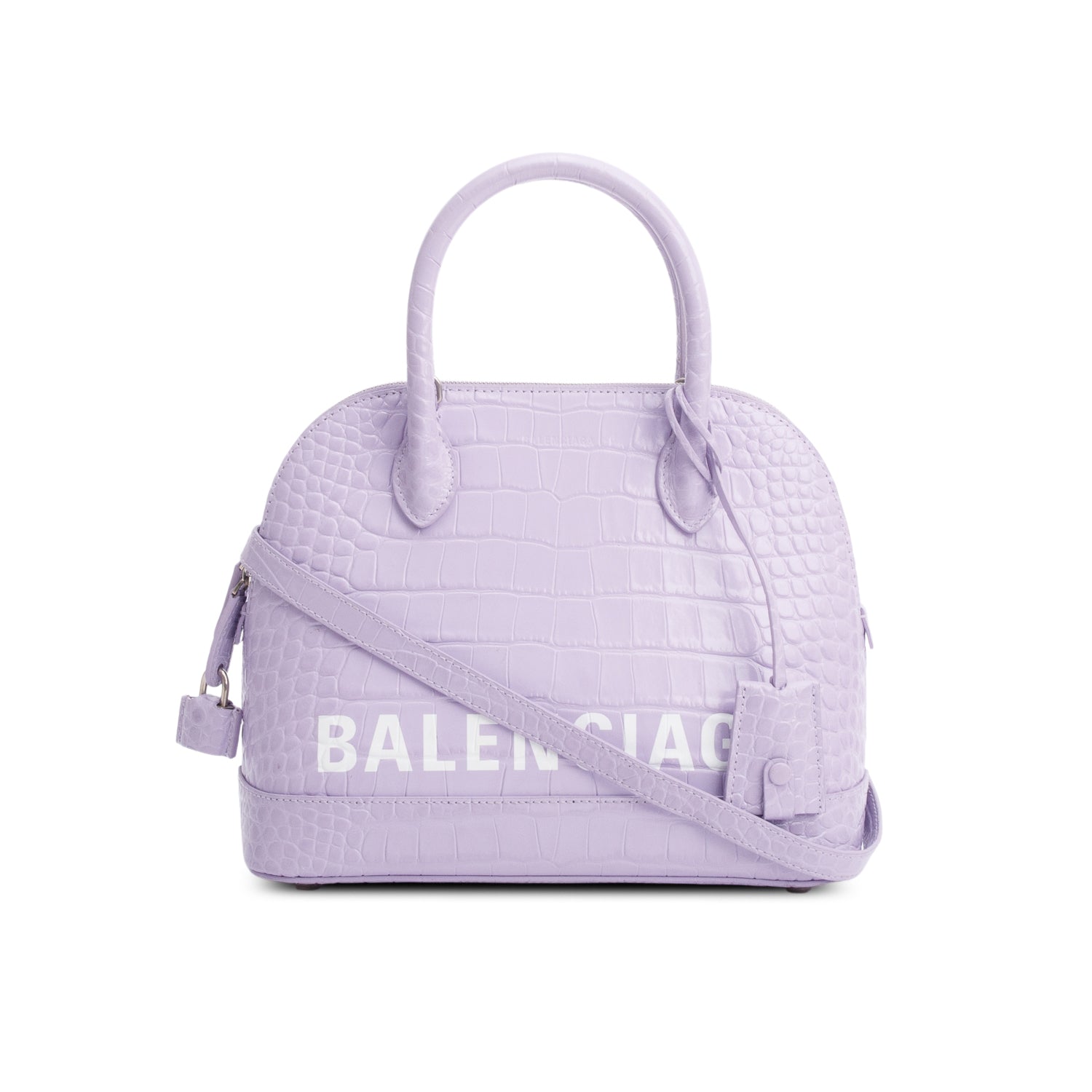 Balenciaga Lilac Shiny Calfskin Croc Embossed Ville Top Logo Travel Bag