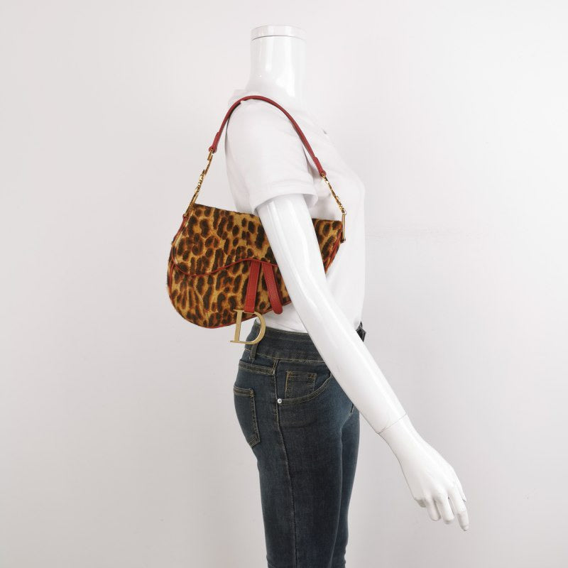 Dior Saddle Leopard Print Ponyhair And John Galliano Leather Red Travel Bag