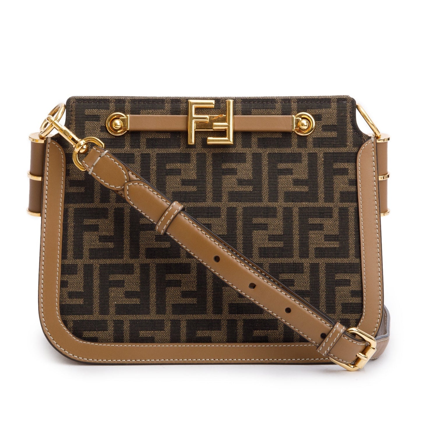 Fendi Ff Zucca Tan Trim Medium Touch Shoulder Leather Canvas Shoulder Bag
