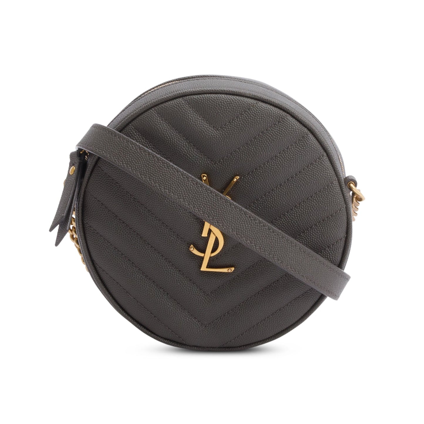 YSL Saint Laurent Grey Chevron Round Camera Bag Leather Quilted Crossbody Bag