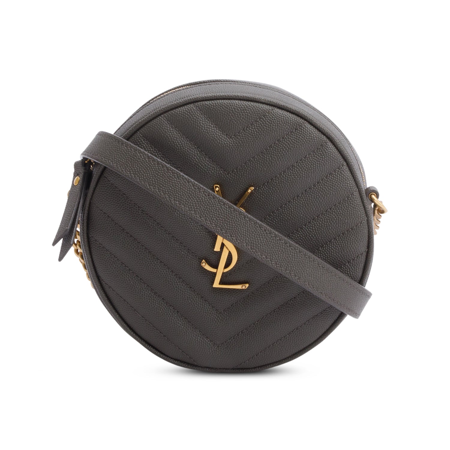 YSL Saint Laurent Grey Chevron Round Camera Bag Leather Quilted Crossbody Bag