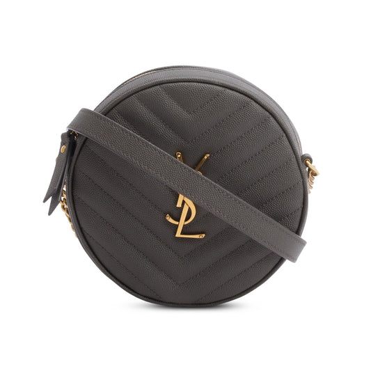 YSL Saint Laurent Grey Chevron Round Camera Bag Leather Quilted Crossbody Bag