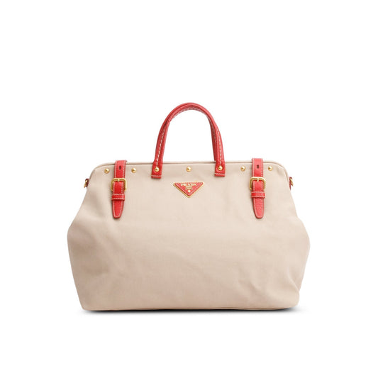 Prada Neutral Trim Frame Tote Handbag Leather Canvas Tote Bag