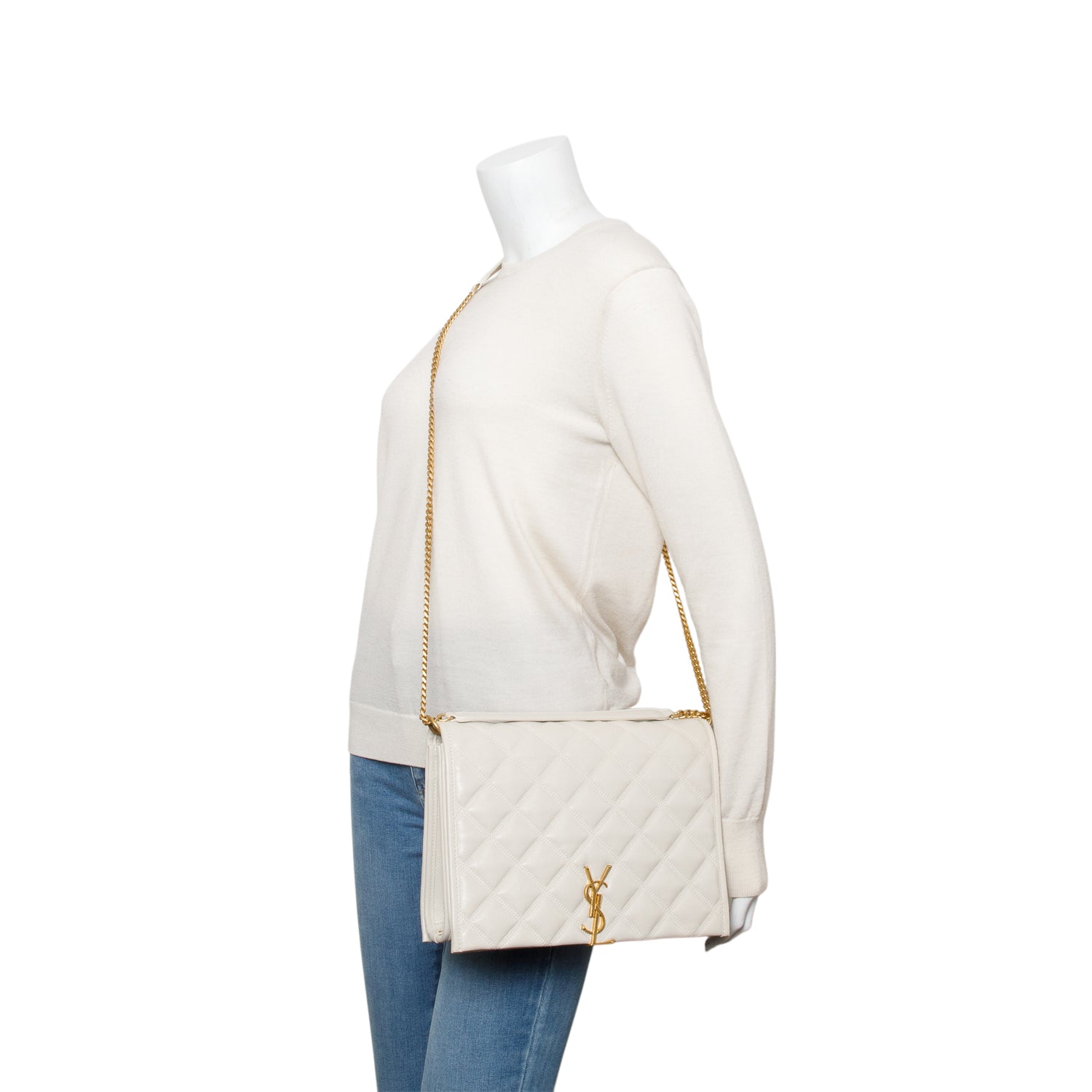 YSL Saint Laurent Ivory Becky Chain Bag Leather Quilted Travel Bag