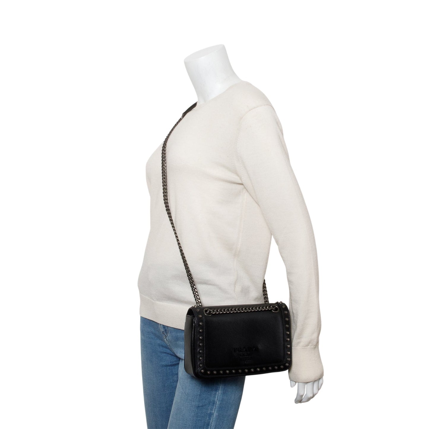 Prada Pattina Glace Calf Studded Crossbody Bag Black