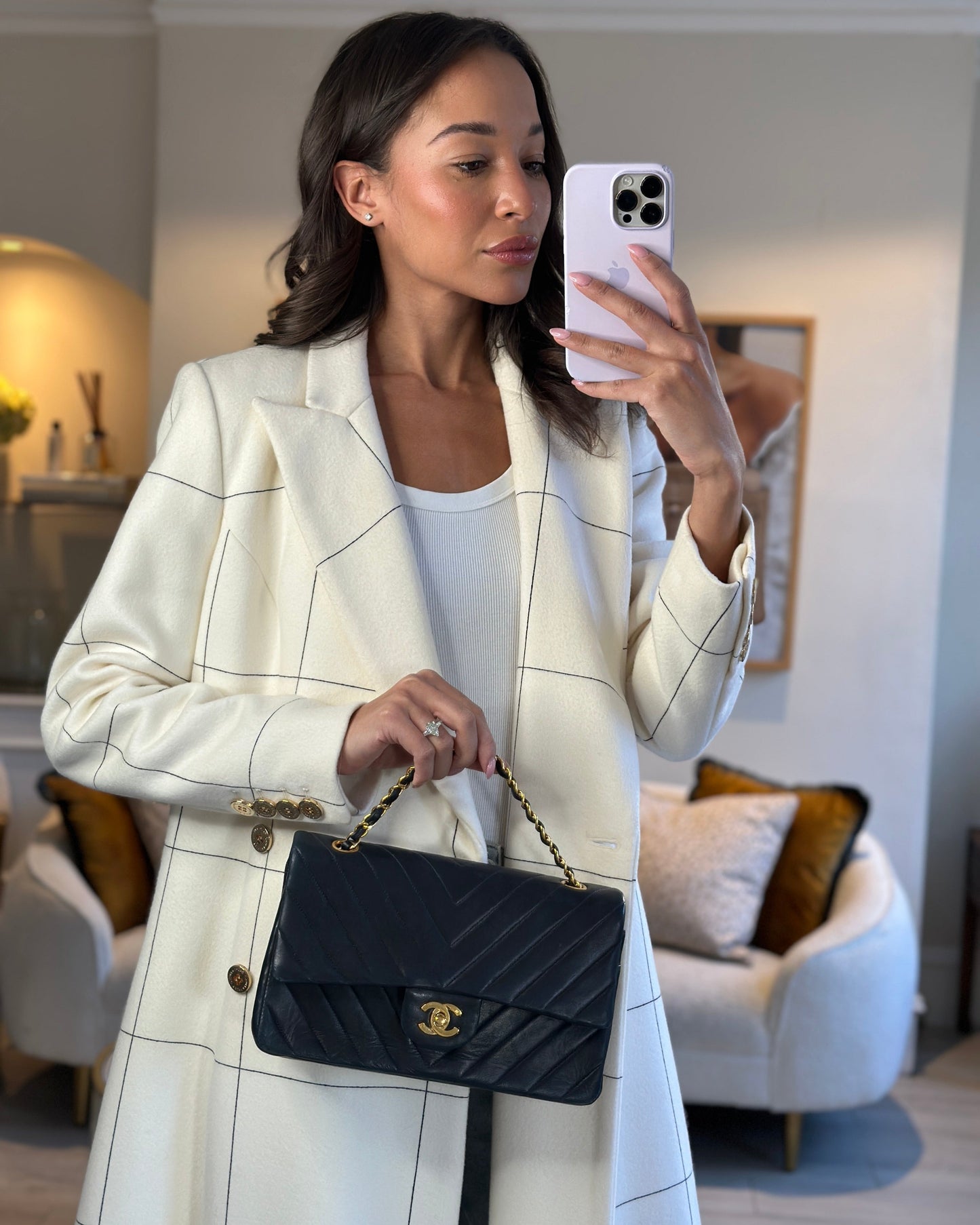 Chanel Navy Classic Medium Chevron Double Flap Bag in Lambskin Leather with Gold Hardware